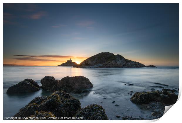 Mumbles lighthouse at sunrise Print by Bryn Morgan