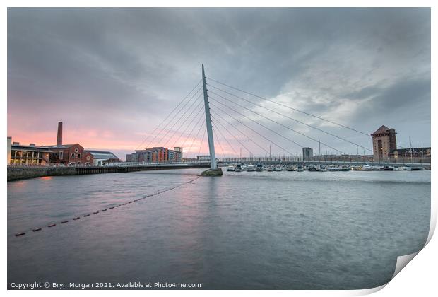 Swansea marina sail bridge at sunrise Print by Bryn Morgan