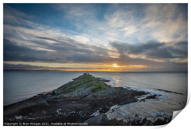 Mumbles lighthouse at sunrise Print by Bryn Morgan