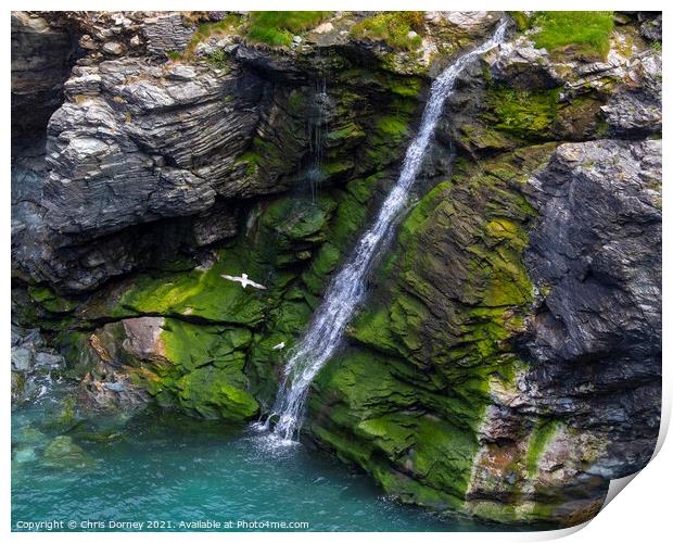 Waterfall at Tintagel Castle in Cornwall, UK Print by Chris Dorney
