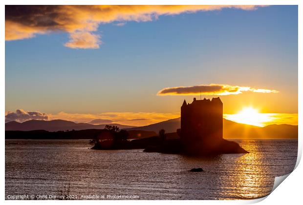 Sunset at Castle Stalker in the Scottish Highlands Print by Chris Dorney