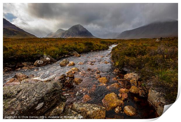 Glen Etive and Buachaille Etive Mor in the Scottish Highlands Print by Chris Dorney