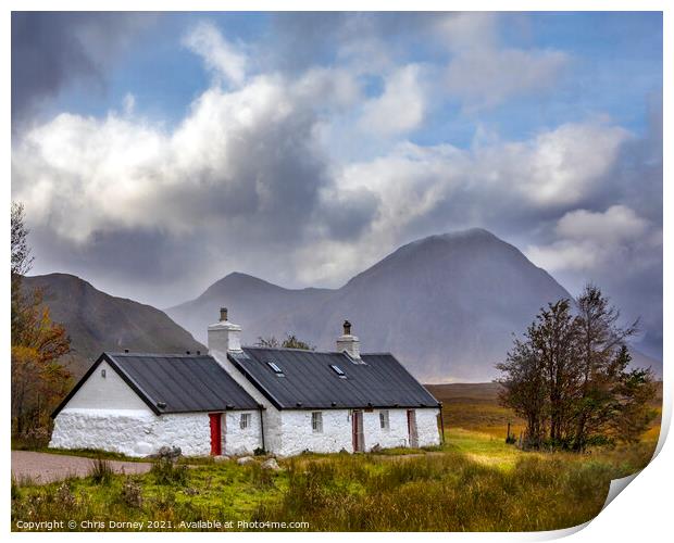 Blackrock Cottage in Glencoe, Scotland Print by Chris Dorney