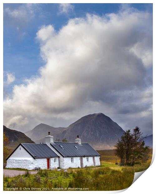 Blackrock Cottage in Glencoe, Scotland Print by Chris Dorney