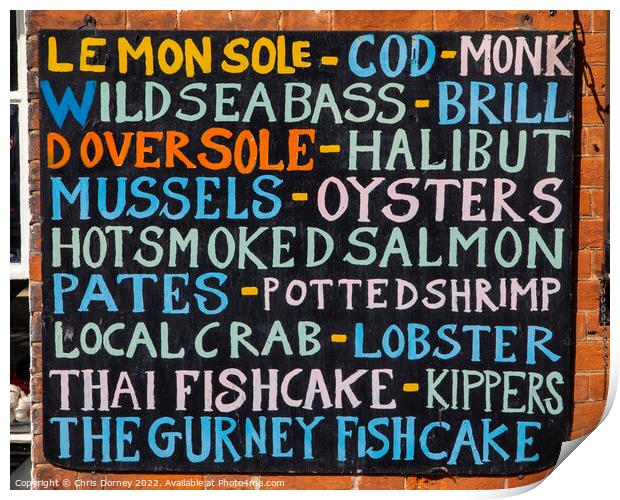 List of Fish on the exterior of a Fishmongers in Norfolk, UK Print by Chris Dorney