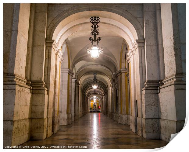 Arched Walkways at Praca do Comercio in Lisbon, Portugal Print by Chris Dorney