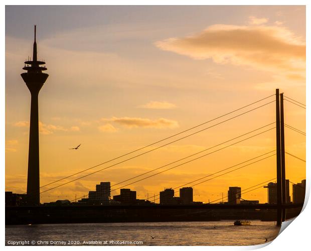 Rheinturm TV Tower and Knie Bridge in Dusseldorf Print by Chris Dorney