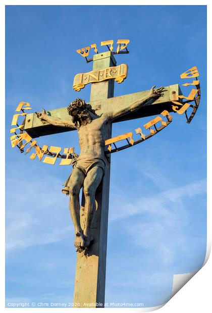 Crucifix Statue on the Charles Bridge in Prague Print by Chris Dorney