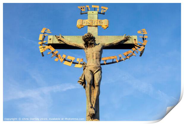 Crucifix on the Chales Bridge in Prague Print by Chris Dorney