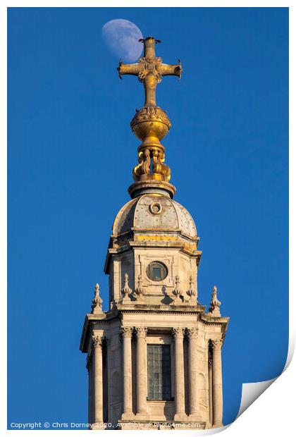 The Moon and St. Pauls Cathedral in London Print by Chris Dorney