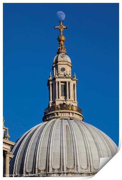 The Moon Perched on St. Pauls Cathedral Print by Chris Dorney
