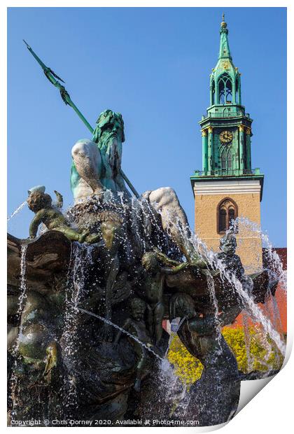 Neptune Fountain and Marienkirche in Berlin Print by Chris Dorney