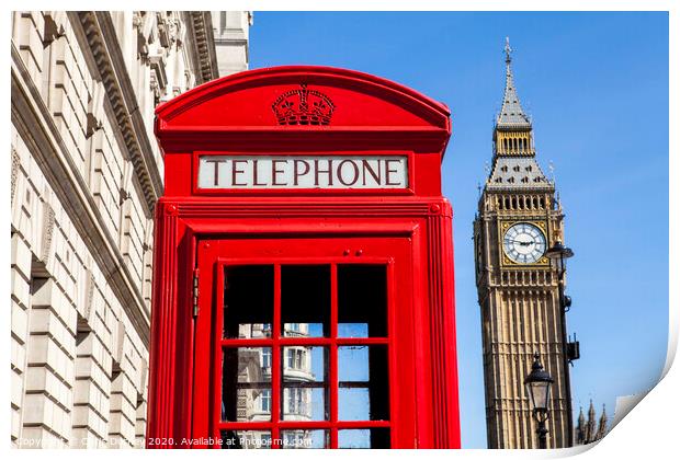 Red Telephone Box and Big Ben in London Print by Chris Dorney