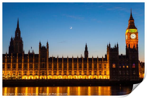 Houses of Parliament in London at Dusk Print by Chris Dorney