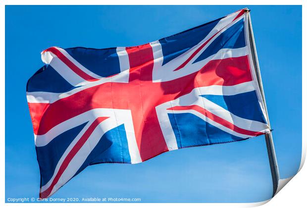 Union Flag over a Clear Blue Sky Print by Chris Dorney