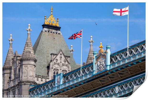 Flags on Tower Bridge in London Print by Chris Dorney