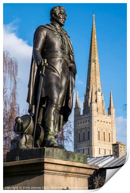 Duke of Wellington Statue and Norwich Cathedral Print by Chris Dorney
