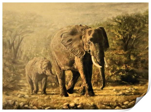 Elephant and young, painting Print by Linda Lyon