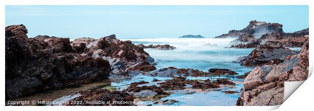 Panoramic long exposure of Rocky Beach (Newtrain Bay) rock pools in Cornwall Print by Milton Cogheil