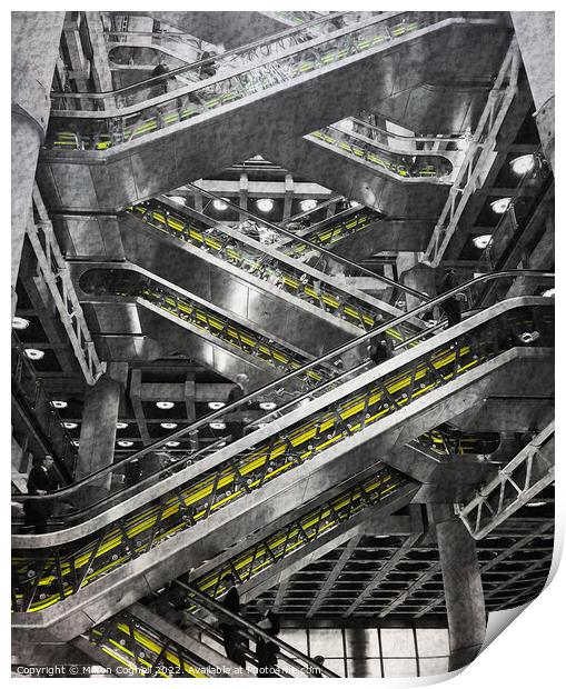 Escalator inside the Lloyd’s of London insurance building Print by Milton Cogheil