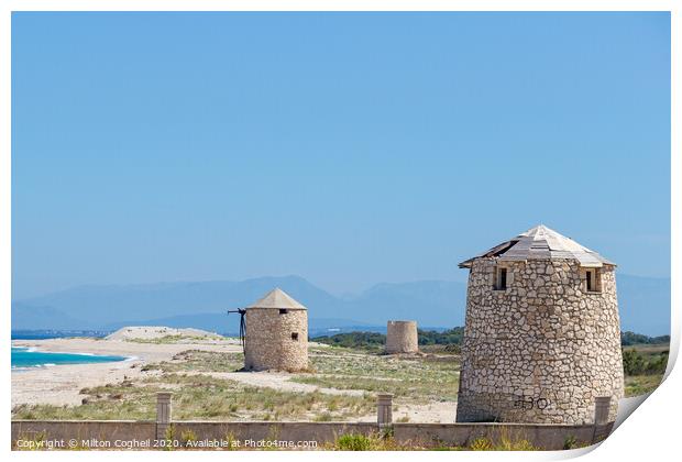 Ancient Windmills in Lefkada, Greece Print by Milton Cogheil