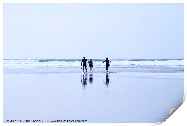 Surfers on Polzeath Beach Print by Milton Cogheil