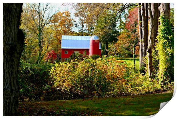 Historic Red Barn and Silo in Fall Print by John Chase