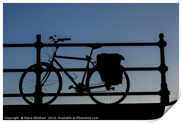 Bicycle against railings, sllhouette.  Print by Steve Whitham