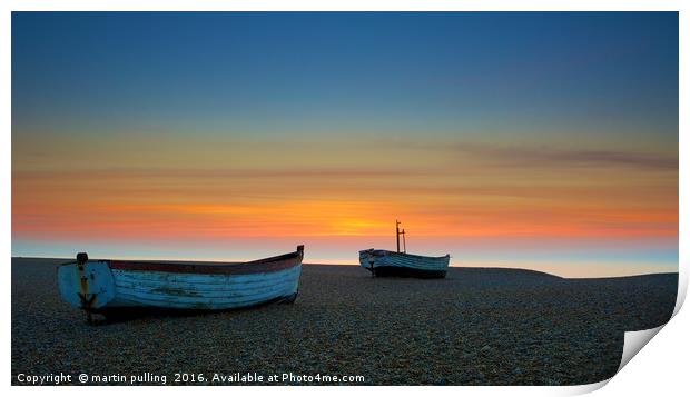 Early morning fishing boats on an Aldeburgh sunris Print by martin pulling