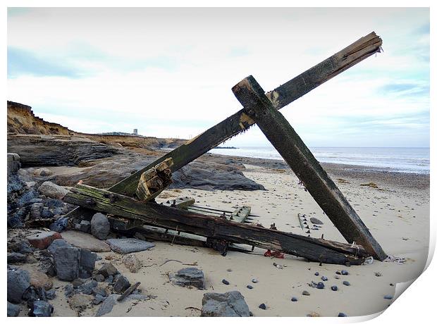 In the shape of a cross - driftwood on the Beach N Print by john hartley
