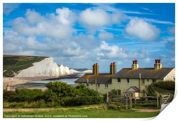 Coastguard Cottages and the Seven Sisters Print by Sebastien Greber