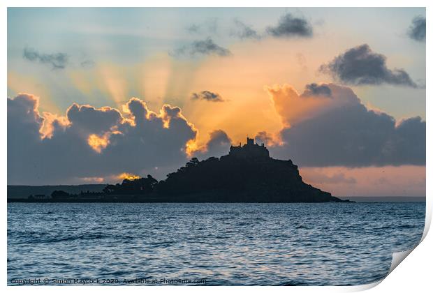 St Michaels Mount sunrays Print by Simon Maycock