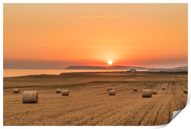 Round straw bales and susnset Print by Alf Damp