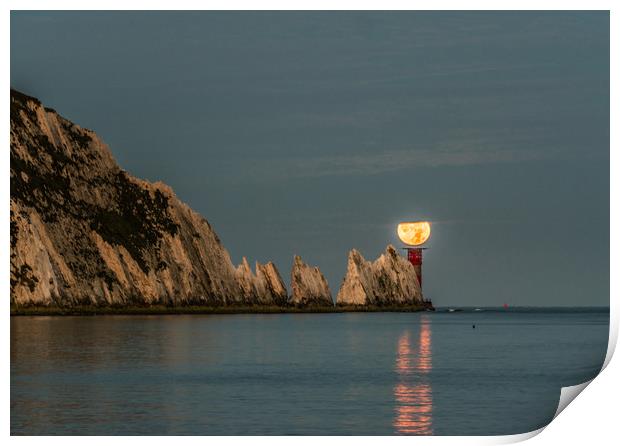 Moon setting over lighthouse Print by Alf Damp