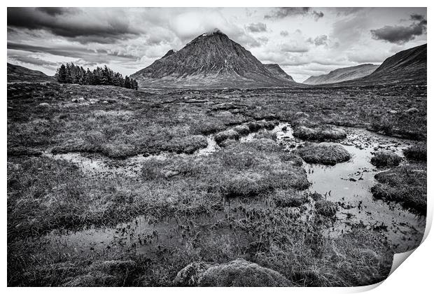 Buchaille Etive Mor from The Kings House in Monochrome Print by John Frid