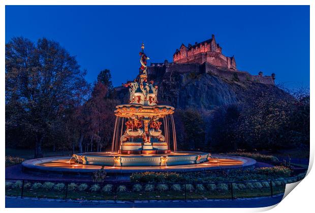 Ross Fountain and Edinburgh Castle at Night Print by John Frid