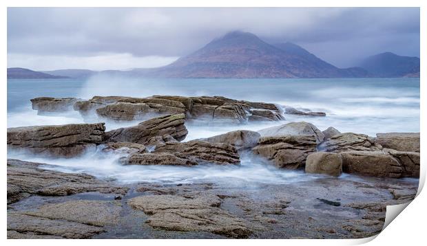 Waves breaking on rocks at Elgol on the Isle of Sk Print by John Frid