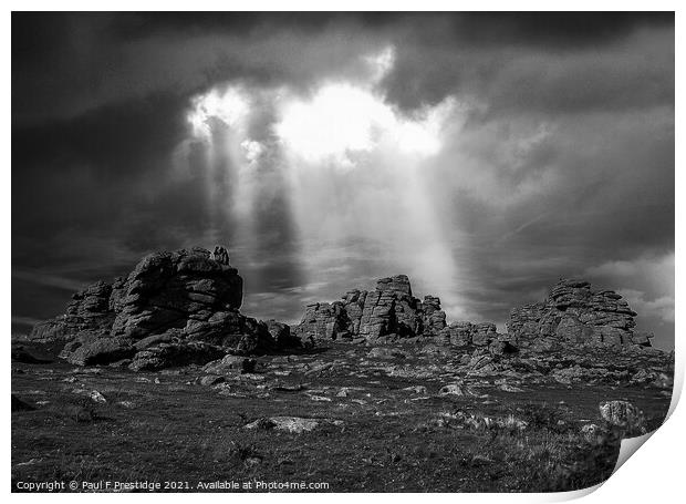 Stoimy Sky at Hound Tor, Dartmoor, Monochrome Print by Paul F Prestidge