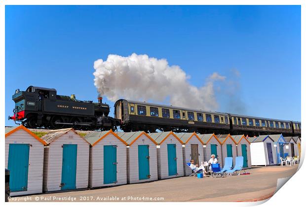 Steam Train & Beach Huts at Goodrington Beach Print by Paul F Prestidge