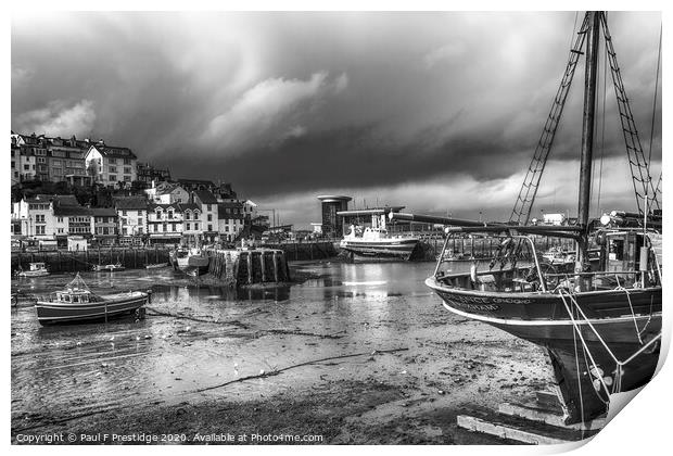 Low Tide at Brixham Harbour Monochrome Print by Paul F Prestidge