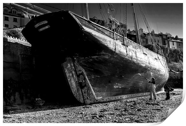 Working on 'Leader' Sail Trawler at Brixham, Devon Monochrome Print by Paul F Prestidge
