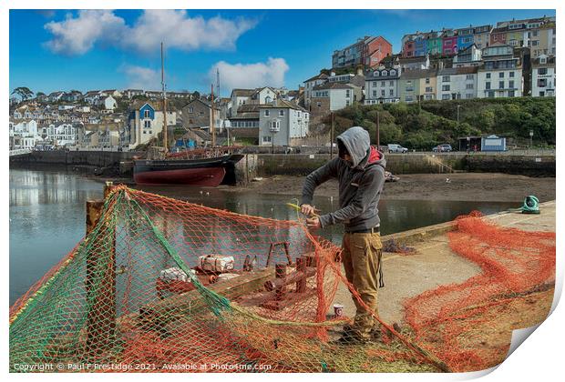 Mending Nets at brixham Harbour Print by Paul F Prestidge