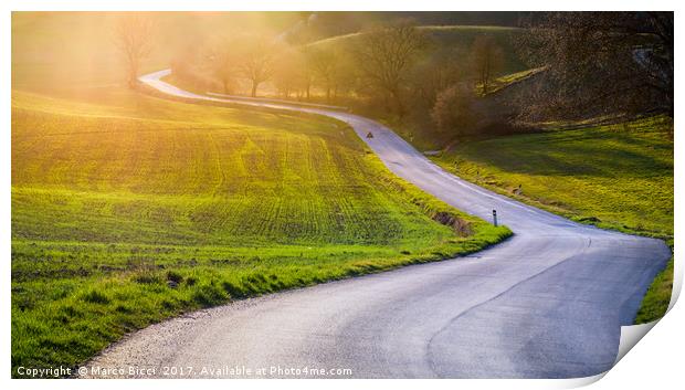 Road in a tuscan landscape at sunset  Print by Marco Bicci