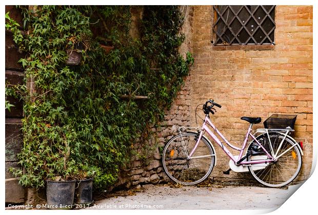 Bicycle leaning against a wall  Print by Marco Bicci