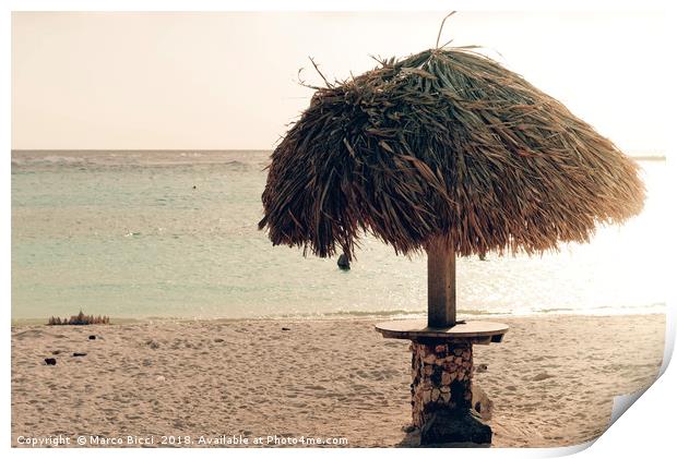 A parasol in the idyllic Baby Beach, Aruba Print by Marco Bicci