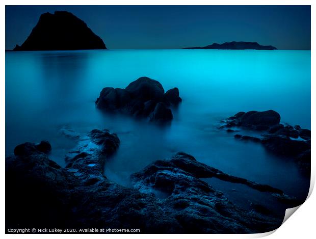 Blue hour Isola Tavolara, Sardinia Print by Nick Lukey