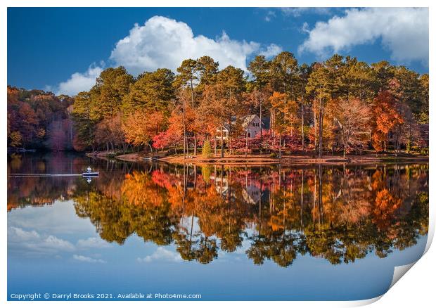 Fisherman on Calm Lake by Home in Autumn Print by Darryl Brooks