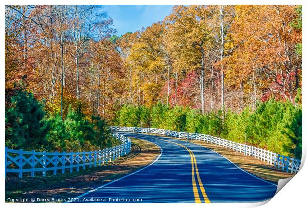 Road Curving Through Autumn Trees and White Fence Print by Darryl Brooks