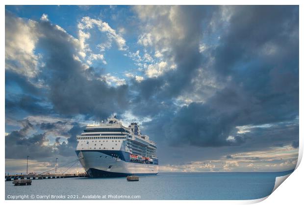 Blue and White Cruise Ship Docked Under Dramatic Sky Print by Darryl Brooks