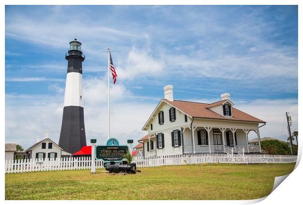 American Flag by Tybee Lighthouse Print by Darryl Brooks